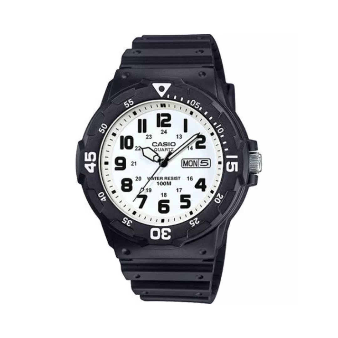 Casio MRW200H-1BV, Analog Watch, Black Resin Band, Day/Date, 100 Meter WR, 2 Color Options