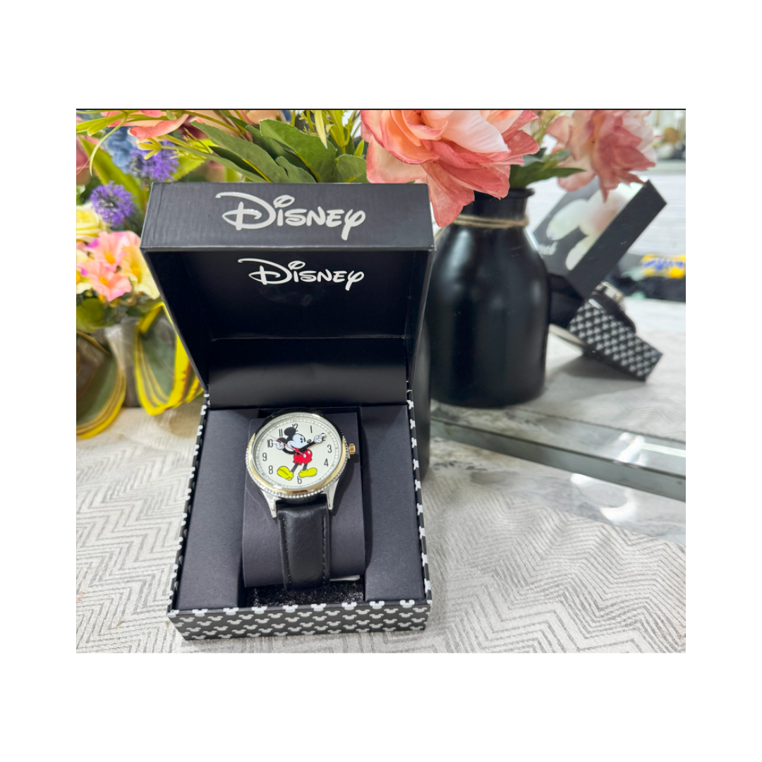 Disney Vintage Mickey Mouse Watch, Black Leather Strap