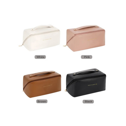 Leather Makeup Bag - Portable Travel Organizer Case, 4 Color Options