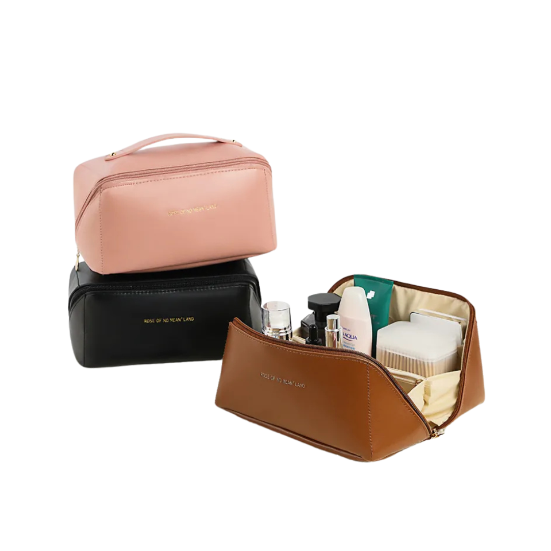 Leather Makeup Bag - Portable Travel Organizer Case, 4 Color Options