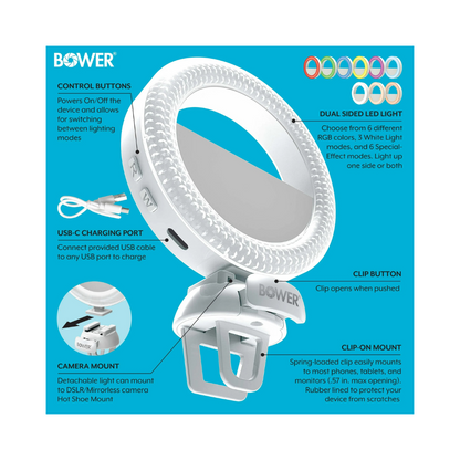 Bower Dual-Sided LED Light with Camera Mount - RGB Colors, White Modes, Special Effects, 4 Inches